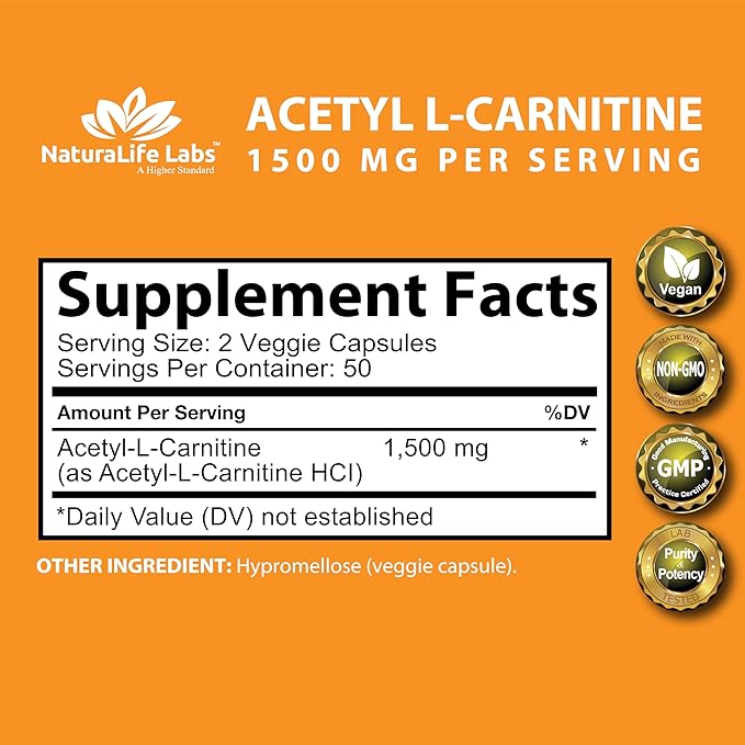 Acetyl L-Carnitine 1,500mg – High Potency Brain, Energy & Metabolism Support – Focus, Memory, Vegan, Non-GMO, Gluten-Free – 100 Capsules