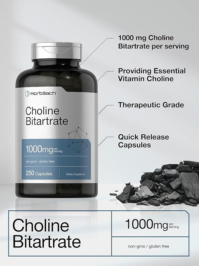 Horbaach Choline Bitartrate 1000mg – High Potency Brain & Liver Support – 250 Capsules