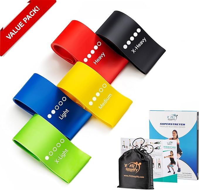 Fit Simplify Resistance Loop Exercise Bands Set of 5, Fitness Bands with Guide, Carry Bag, Home Workout