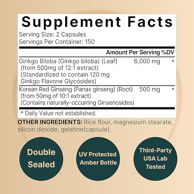 NatureBell Ginkgo Biloba 6000mg with Panax Ginseng 500mg – Max Strength Memory & Focus Support – Non-GMO, Gluten-Free – 300 Capsules