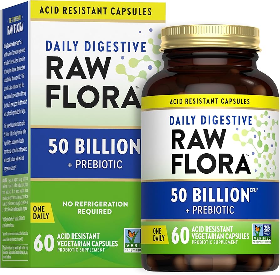 Nature's Truth Raw Flora Probiotic 50 Billion CFU with Prebiotic Inulin – Gut & Digestive Health – Non-GMO, Gluten-Free, Vegetarian – 30 Capsules