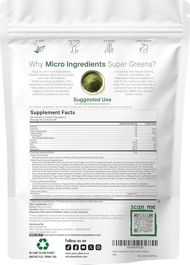 Micro Ingredients Super Greens Powder – 100 Superfood Blend with Daily Greens, Fruits, Veggies, Mushrooms & Probiotics – Vegan, Non-GMO, Gluten-Free – 1 lb