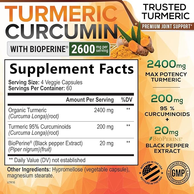 Turmeric Curcumin 2600mg with 95% Curcuminoids & BioPerine – High Absorption Joint Support – Vegan, Non-GMO, Gluten-Free – 240 Capsules