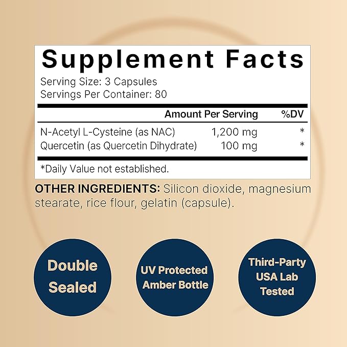 NAC Supplement 1200mg with Quercetin – Double Strength Antioxidant for Immune, Liver & Lung Health – Non-GMO, Gluten-Free – 240 Capsules