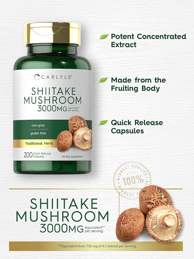 Carlyle Shiitake Mushroom Extract 3000mg – Immune & Antioxidant Support – 200 Capsules – Non-GMO, Gluten Free
