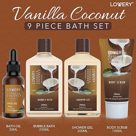 Vanilla Coconut Spa Gift Basket for Women, 9-Piece Home Spa Set, Bath Bombs, Towel, Gift-Ready