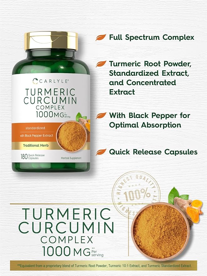 Carlyle Turmeric Curcumin 1000mg with Black Pepper – Turmeric Complex for Joint & Wellness Support – Non-GMO, Gluten-Free – 180 Capsules