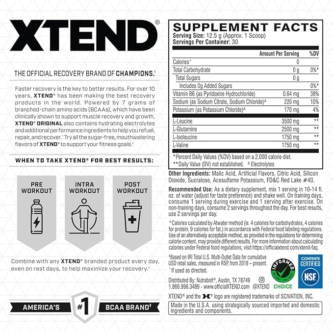 Xtend XTEND Original BCAA Powder – 7g BCAAs & 2.5g L-Glutamine, Sugar-Free, Post-Workout Muscle Recovery, 30 Servings