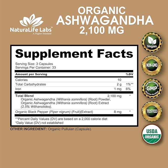 Organic Ashwagandha 2,100mg – High Potency Root Extract & Powder – Stress, Mood & Energy Support – Vegan, Non-GMO, Gluten-Free – 100 Capsules