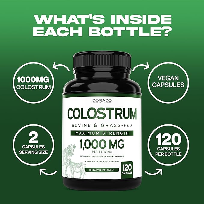 Dorado Nutrition Bovine Colostrum 1000mg – 20% IgG Grass-Fed Immune & Gut Support – No Fillers, Non-GMO, Gluten-Free – 120 Capsules – Made in USA