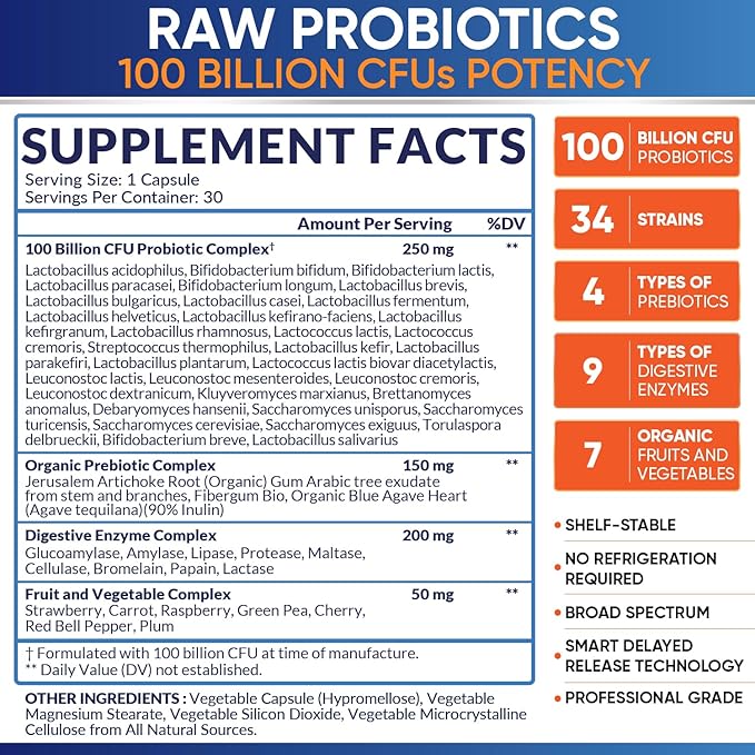 Wholesome Wellness Organic Raw Probiotics 100 Billion CFU – 34 Strains, Prebiotics & Digestive Enzymes – Doctor Formulated for Women & Men – Non-GMO, Gluten-Free – 30 Capsules