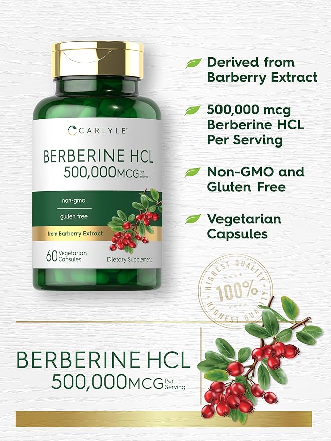 Carlyle Berberine HCL 500mg – Herbal Supplement from Barberry Extract – Blood Sugar, Heart & Metabolic Support – Non-GMO, Gluten-Free – 60 Vegetarian Capsules