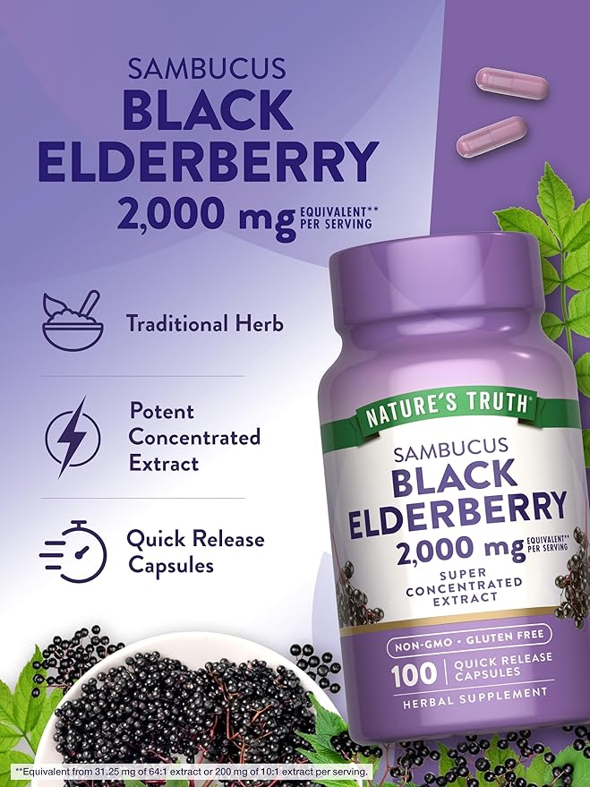 Nature’s Truth Black Elderberry Capsules – 2000mg Sambucus Extract – Super Concentrated Immune Support – Non-GMO, Gluten-Free – 100 Quick Release Capsules
