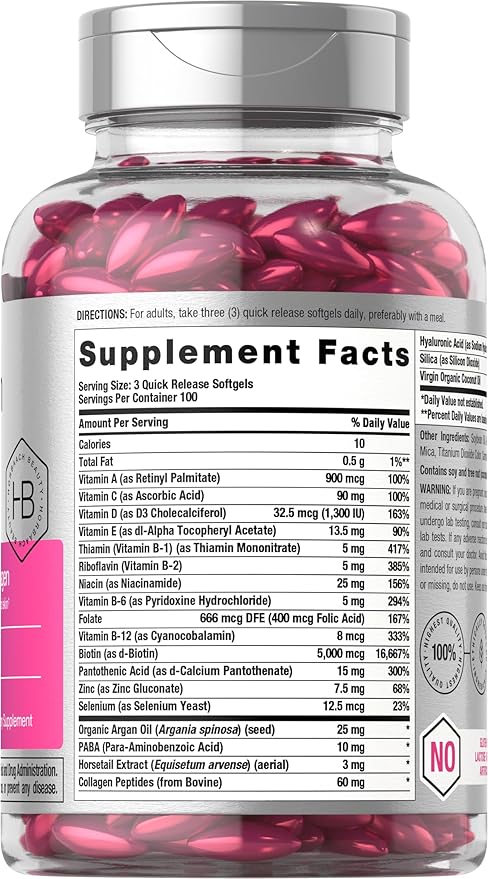 Horbäach Hair, Skin & Nails Vitamins – Biotin, Collagen, Argan Oil & Coconut Oil – 300 Softgels – Non-GMO, Gluten-Free, Clean Beauty Supplement
