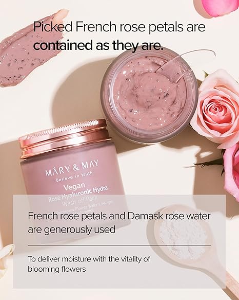 Mary&May Vegan Rose Hyaluronic Hydra Wash Off Mask – Cream Clay Mask for Moisturizing, Pore Purifying & Skin Softening, K-Beauty, 4.23 oz