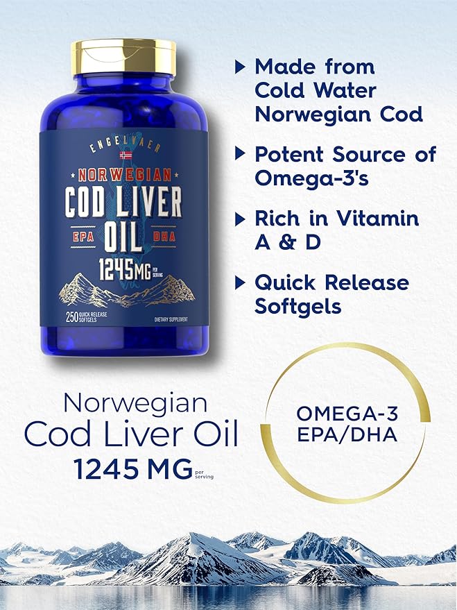 Carlyle Norwegian Cod Liver Oil 1245mg – High Omega-3 with EPA & DHA – Heart, Brain & Immune Support – Non-GMO, Gluten-Free – 250 Softgels (Value Size)