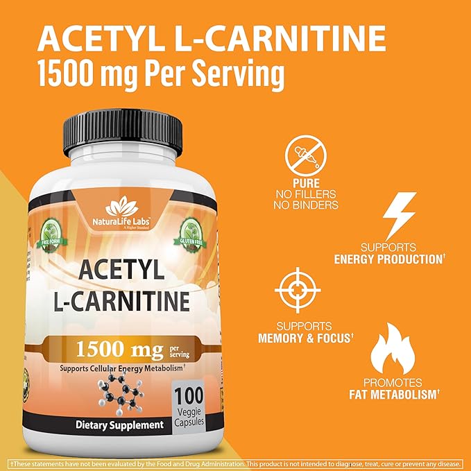 Acetyl L-Carnitine 1,500mg – High Potency Brain, Energy & Metabolism Support – Focus, Memory, Vegan, Non-GMO, Gluten-Free – 100 Capsules