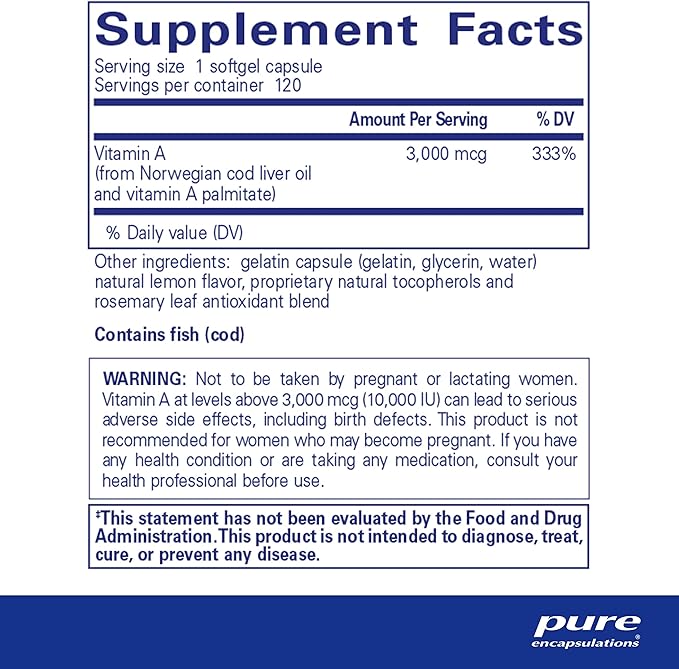 Pure Encapsulations Vitamin A 10,000 IU – Cod Liver Oil & Palmitate – Vision & Immune Support – 120 Non-GMO Softgels