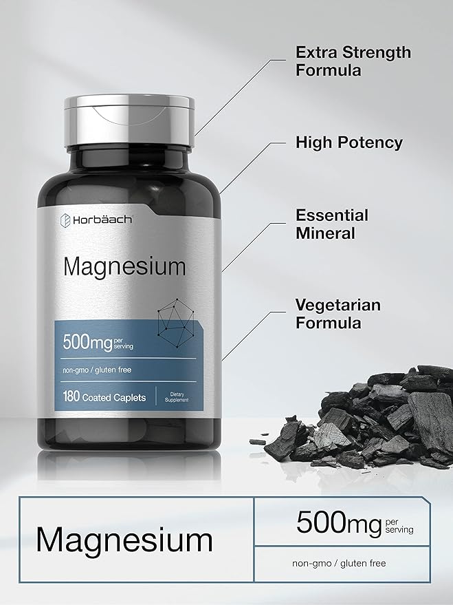 Horbäach Magnesium 500mg – Muscle, Nerve & Bone Support – 180 Vegetarian Caplets – Non-GMO, Gluten Free