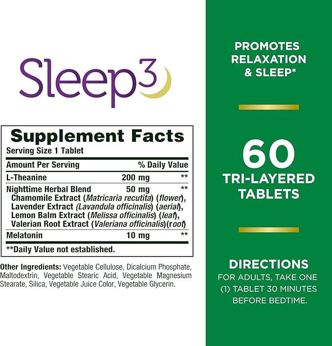 Nature’s Bounty Sleep3 – 10mg Melatonin, L-Theanine & Herbal Blend | Maximum Strength Time-Release Sleep Aid – 60 Tri-Layer Tablets
