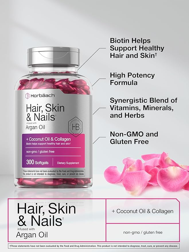 Horbäach Hair, Skin & Nails Vitamins – Biotin, Collagen, Argan Oil & Coconut Oil – 300 Softgels – Non-GMO, Gluten-Free, Clean Beauty Supplement