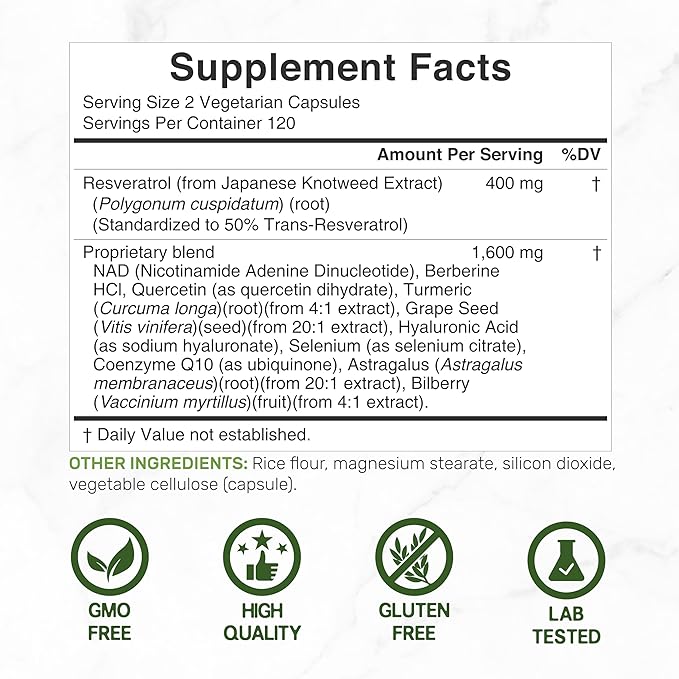 Resveratrol Complex 2000mg – Extra Strength 11-in-1 Antioxidant with Trans-Resveratrol, NAD, Quercetin, Turmeric & CoQ10 – Brain, Heart & Immune Support – Vegan, Non-GMO – 240 Capsules