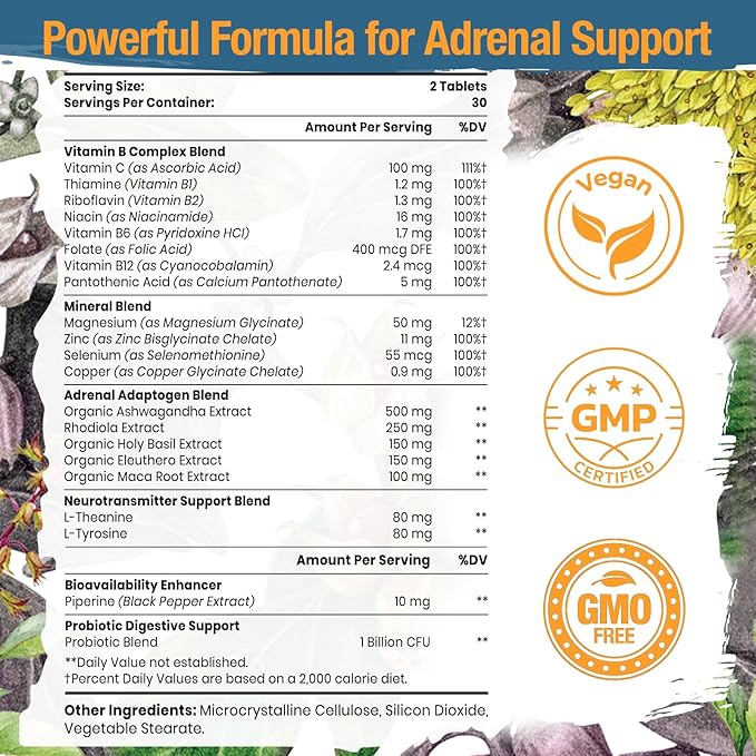 Adrenal Support Supplement – Adaptogenic Herbs with Ashwagandha, Rhodiola, Holy Basil & Probiotics – Cortisol & Mood Balance – Vegan, Non-GMO – 60 Tablets