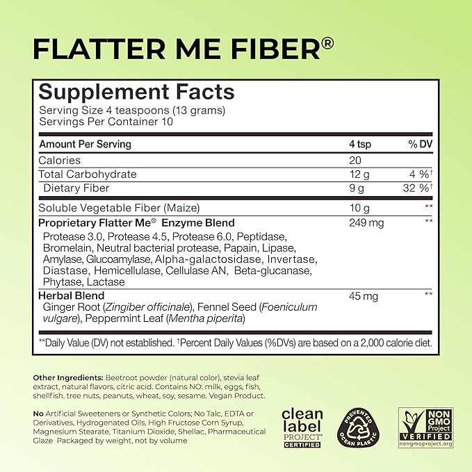 Flatter Me Fiber GLP-1 Booster with Prebiotics & Digestive Enzymes – Appetite Control, Bloating Relief & Gut Health – Strawberry Lemon Flavor – Vegan, Non-GMO, Gluten-Free – 10 Servings