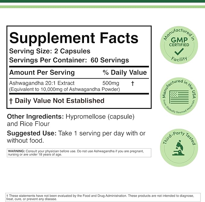 Double Wood Ashwagandha Capsules – 500mg 20:1 Extract – Adrenal & Cortisol Support – Stress, Mood & Energy – Non-GMO, Gluten-Free, Vegan – 120 Count