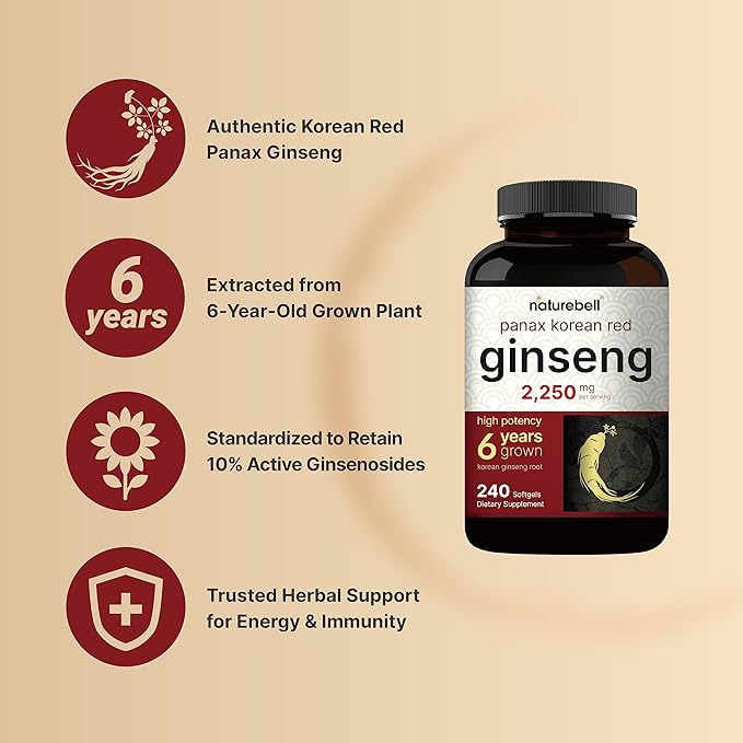 NatureBell Korean Red Ginseng 2250mg – Panax Ginseng Root with 10% Ginsenosides – Energy, Performance & Immune Support – Non-GMO, Gluten-Free – 240 Softgels