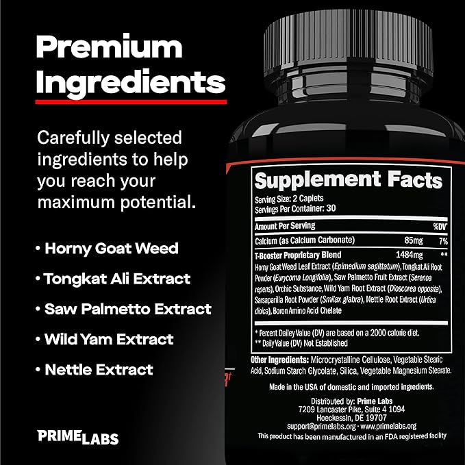 Prime Labs Men’s Testosterone Booster – Natural Stamina, Strength & Muscle Builder with Tongkat Ali, Horny Goat Weed & Saw Palmetto – 60 Caplets