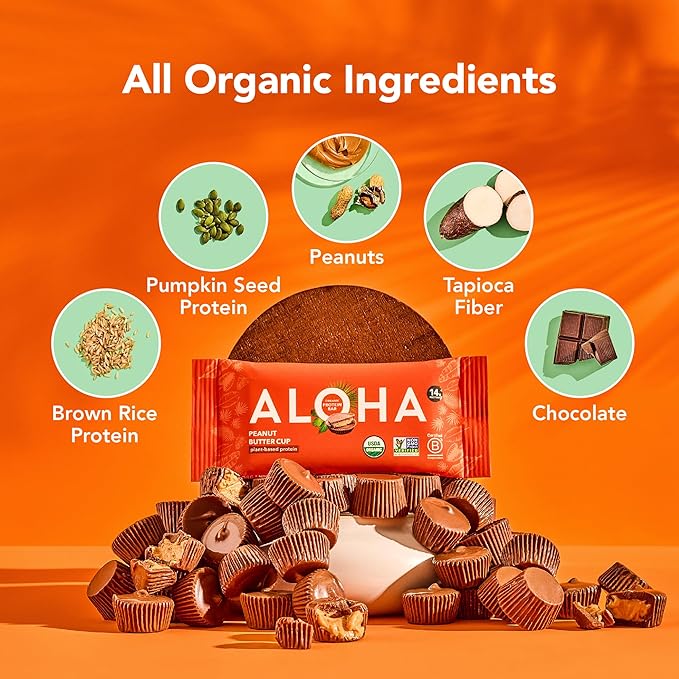 ALOHA Organic Plant Based Protein Bars – Peanut Butter Cup, Vegan, Low Sugar, Gluten-Free, 12 Bars
