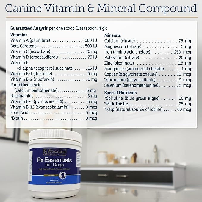 Rx Vitamins Essentials for Dogs - Daily Dog Multivitamin Powder - with Blue Spirulina for Dogs, Kelp Powder, and Milk Thistle for Dogs - Complete Dog Vitamins and Essential Minerals - 8 oz