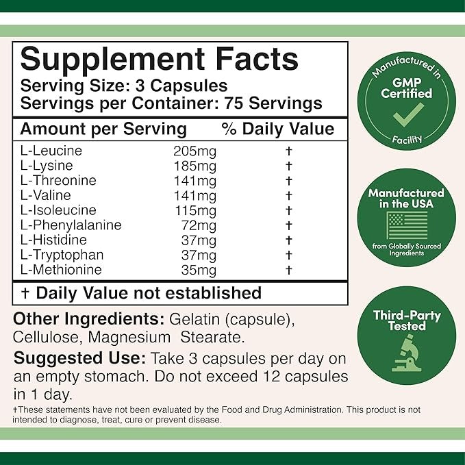 Double Wood Essential Amino Acids & BCAAs – 1 Gram Per Serving, 225 Capsules, Gluten-Free