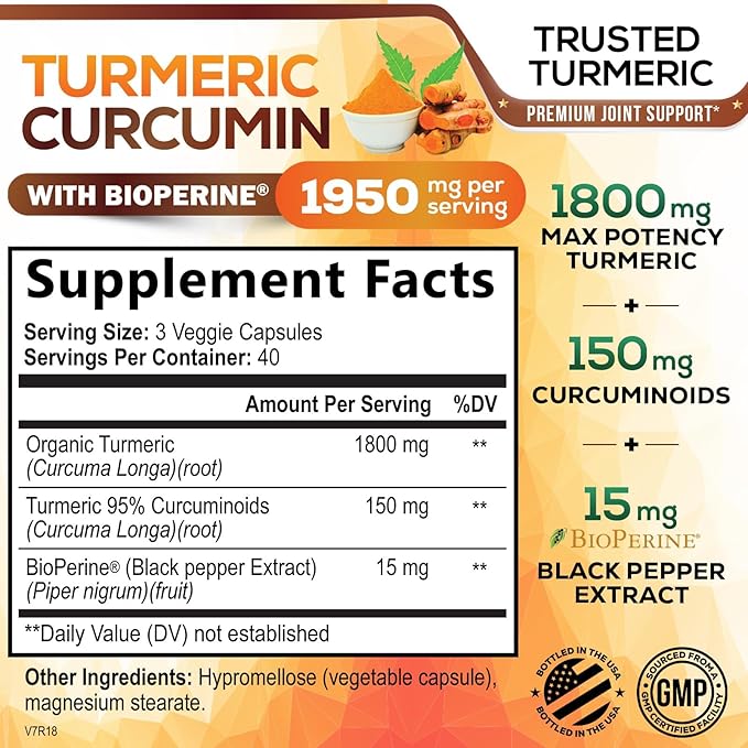 Turmeric Curcumin 1950mg with 95% Curcuminoids & BioPerine – High Absorption Joint & Immune Support – Vegan, Non-GMO, Gluten-Free – 120 Capsules