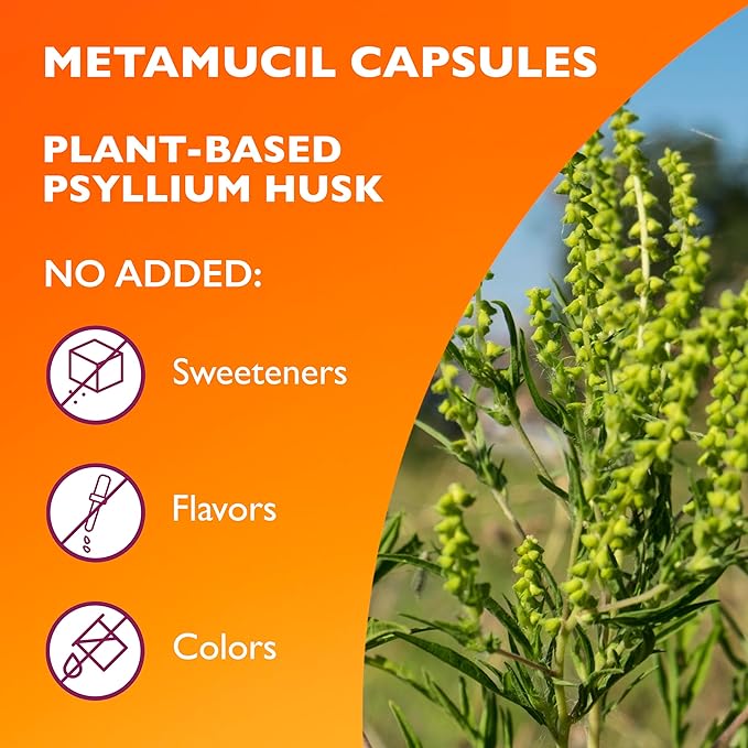 Metamucil Psyllium Husk Fiber Supplement – 3-in-1 Plant-Based Daily Digestive Health Support – Non-GMO, Gluten-Free – 300 Capsules