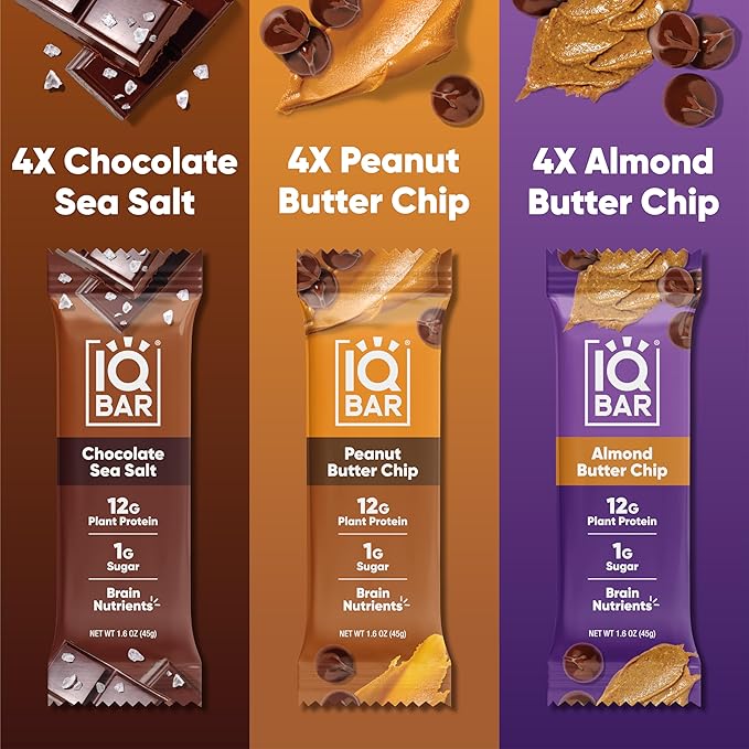 IQBAR Brain and Body Plant Protein Bars – Chocolate Lovers Variety, 12-Count, Low Carb, Gluten-Free