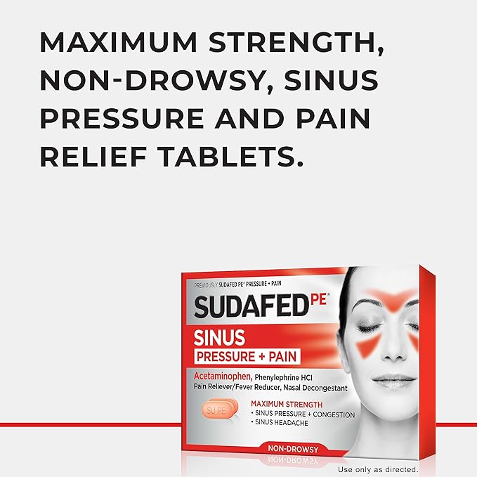 Sudafed PE Sinus Pressure + Pain Relief Tablets – Maximum Strength, Non-Drowsy Sinus & Headache Relief