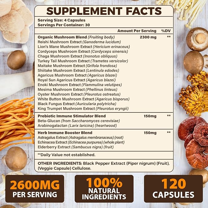 Tioewque 20-in-1 Organic Mushroom Supplement – Lion’s Mane, Reishi, Turkey Tail & More – Brain, Memory, Focus & Immune Support – 120 Vegan Capsules