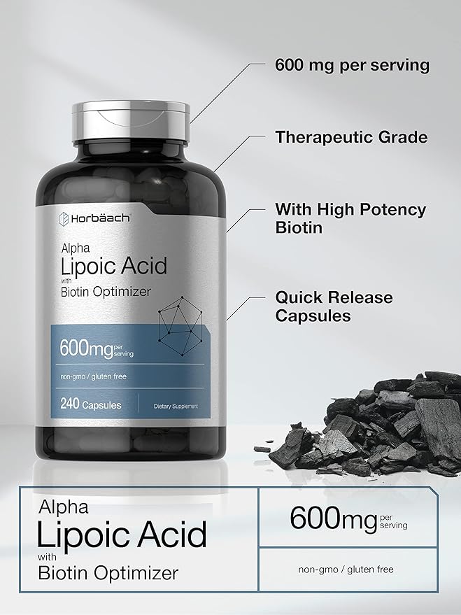 Horbaach Alpha Lipoic Acid 600mg with Biotin – High Potency Antioxidant for Energy & Nerve Health – Non-GMO, Gluten-Free – 240 Capsules (Value Size)