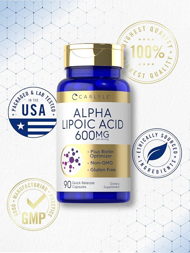 Carlyle Alpha Lipoic Acid 600mg with Biotin – Antioxidant for Energy, Nerve & Metabolic Health – Non-GMO, Gluten-Free – 90 Capsules