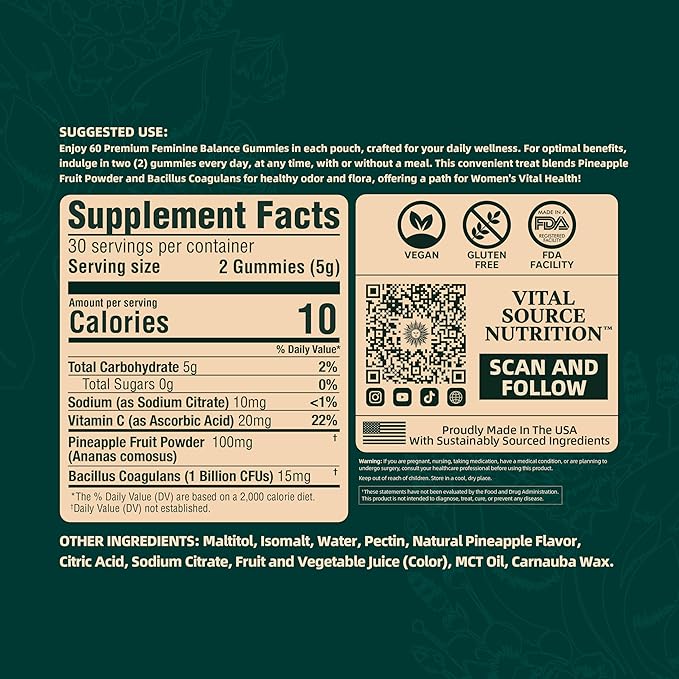 Vital Source Feminine Balance Gummies – Hormone & PMS Support, Women’s Wellness – Hawaiian Pineapple Flavor – Vegan, Non-GMO – 60 Gummies (30-Day Supply)