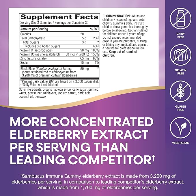 Nature’s Way Sambucus Elderberry Immune Gummies – Vitamin C, D3 & Zinc – Daily Immune Support for Kids & Adults – Vegetarian, Non-GMO, Gluten-Free – 60 Gummies