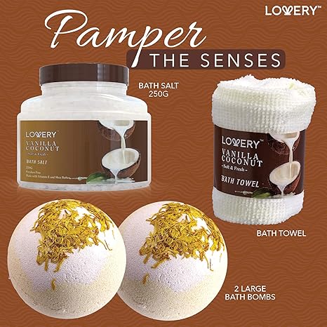 Vanilla Coconut Spa Gift Basket for Women, 9-Piece Home Spa Set, Bath Bombs, Towel, Gift-Ready