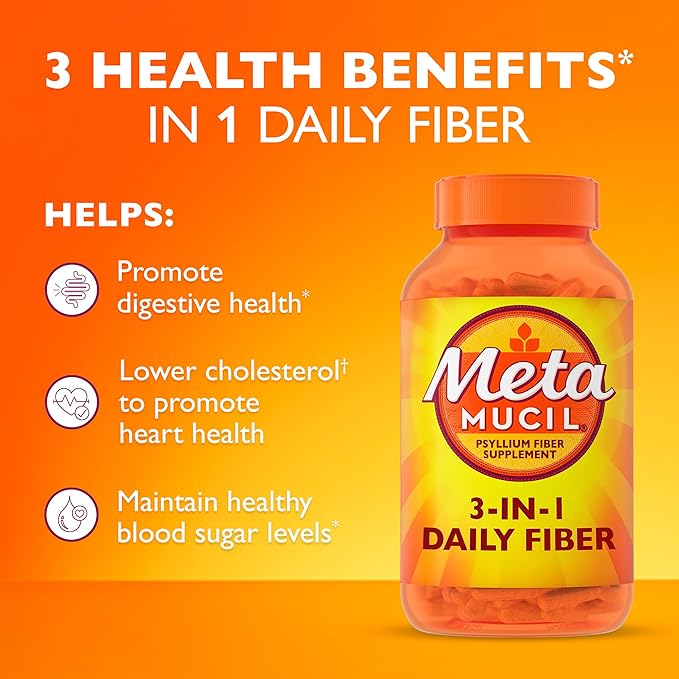 Metamucil Psyllium Husk Fiber Supplement – 3-in-1 Plant-Based Daily Digestive Health Support – Non-GMO, Gluten-Free – 300 Capsules
