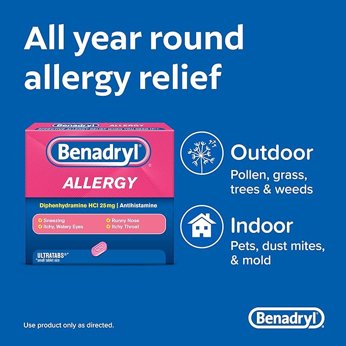 Benadryl Ultratabs Allergy Relief – 25 mg Diphenhydramine HCl – 100 Tablets for Sneezing, Runny Nose, & Itchy Eyes