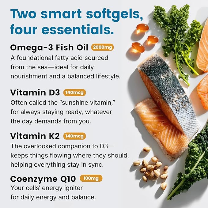 5-in-1 Omega-3 Fish Oil 2100mg – with Vitamin D3, K2 & CoQ10 – Heart, Brain & Immune Support – Lemon Flavored, Non-GMO, Gluten-Free – 120 Softgels