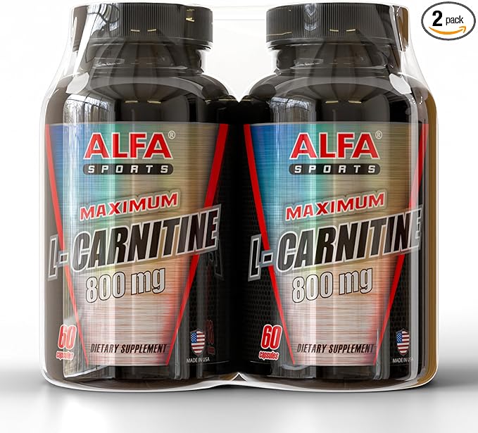 ALFA VITAMINS Maximum L-Carnitine 800mg – Energy & Fitness Support – Fat Metabolism, Muscle Recovery – Non-GMO, Gluten-Free – 2-Pack (120 Capsules)