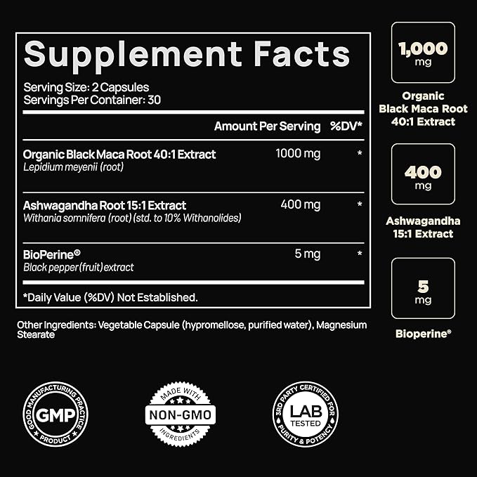 ELMNT Black Maca Root 40,000mg – 40x Strength with Ashwagandha – Organic Peruvian Maca Capsules for Men, Energy & Vitality – Non-GMO, Gluten-Free – 60 Capsules