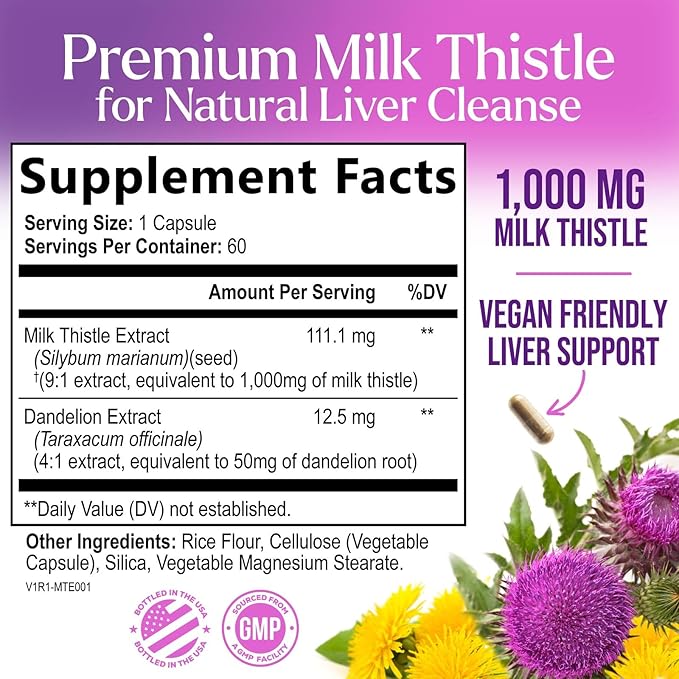 Milk Thistle Extract 1000mg with Dandelion Root – Herbal Liver Cleanse, Detox & Repair Supplement – Non-GMO, Gluten-Free – 60 Capsules